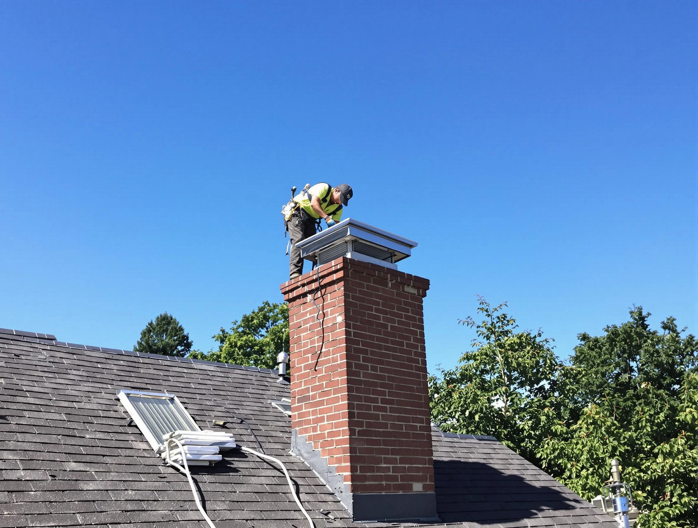 Bethel Park Chimney Sweep technician measuring a chimney cap in Bethel Park, PA
